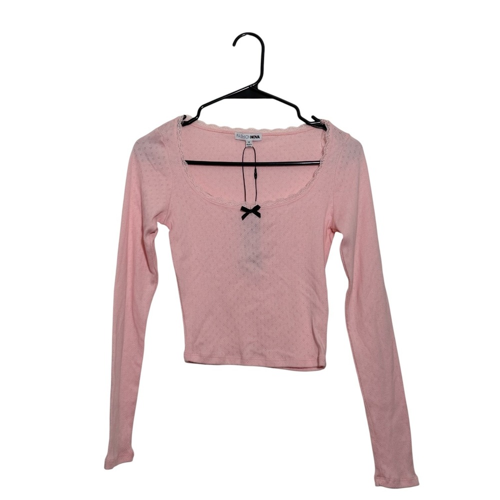 Fashion Nova Sweet Thing Pink Pointelle Lace Trim Bow Long Sleeve Top Small NWT